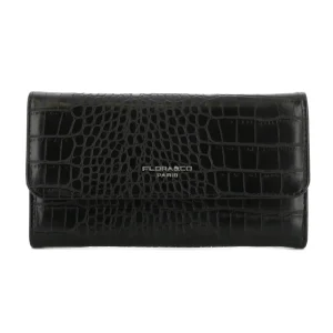 Portefeuille croco long à triple pli noir