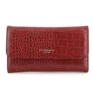 Portefeuille croco long à triple pli rouge foncé