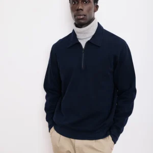 Sweatshirt Homme en Coton & Laine Bleu Marine Polo Zipper