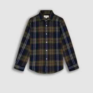 Chemise Garçon en Flanelle de Coton Double Face à Carreaux Vert Militaire Paul