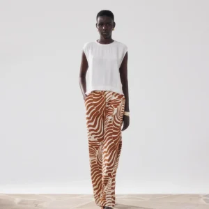 Pantalon Femme en Lin & Viscose Imprimé Ecru & Marron Positano