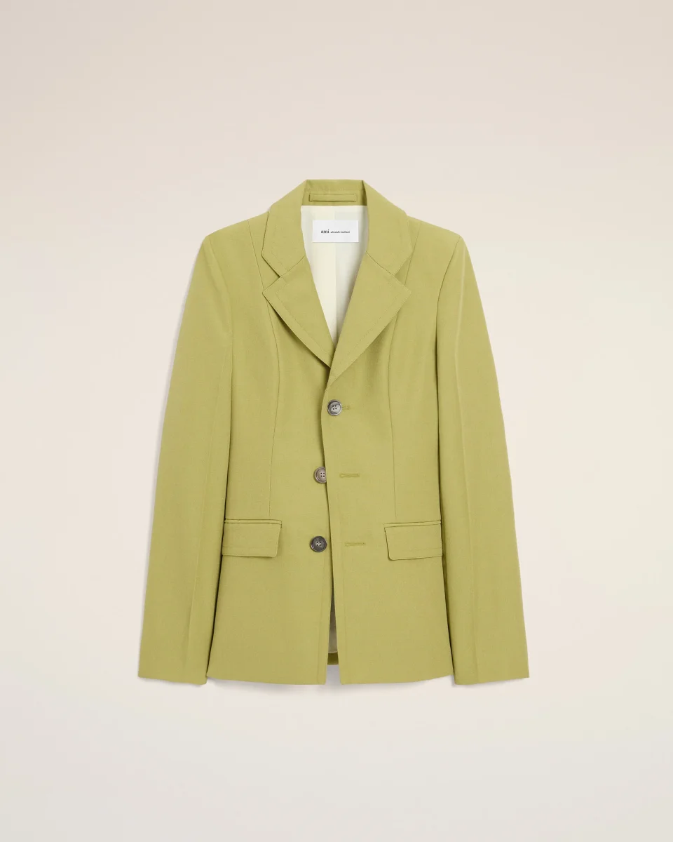 Veste Cintrée Simple Boutonnage Verte en Laine Vierge