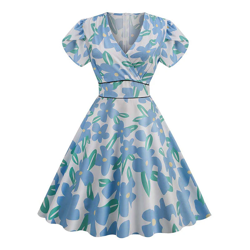 Robe Année 50 Fleurs Bleues – Image 2